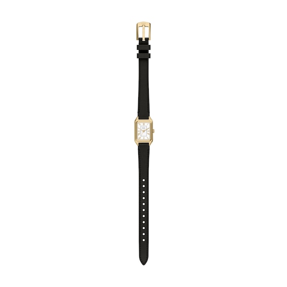 Ladies' Fossil Raquel Mini Gold-Tone Stainless Steel Watch with White Dial and Black Leather Strap (Model: Es5470)