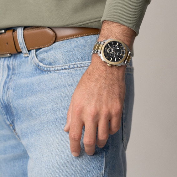 Men's Fossil Machine Chronograph Two-Tone Stainless Steel Watch with Black Dial (Model: Fs6159)