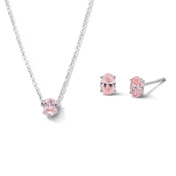 3/4 CT. T.w. Oval Pink Lab-Grown Diamond Solitaire Necklace and Stud Earrings Set in Sterling Silver (Si2)