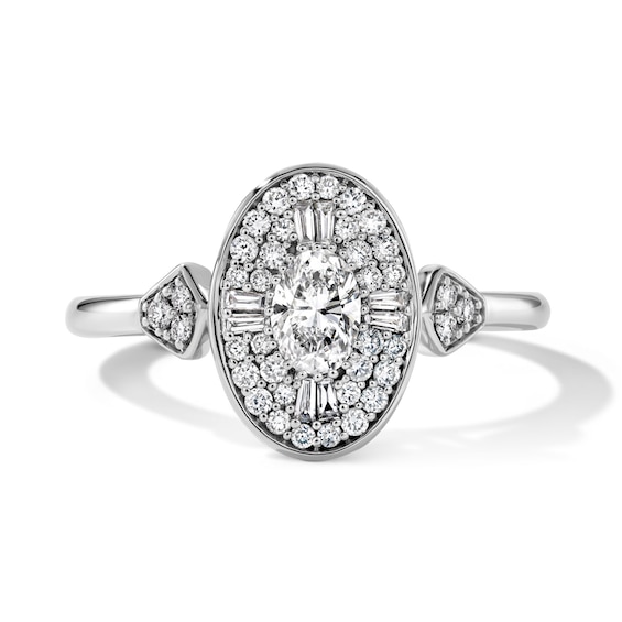 1/2 CT. T.w. Oval Certified Lab-Grown Diamond Double Frame Engagement Ring in 14K White Gold (F/Vs2)