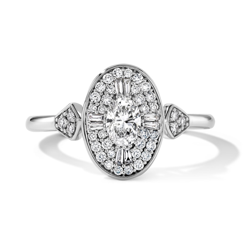 Main Image 1 of 1/2 CT. T.W. Oval Certified Lab-Grown Diamond Double Frame Engagement Ring in 14K White Gold (F/VS2)