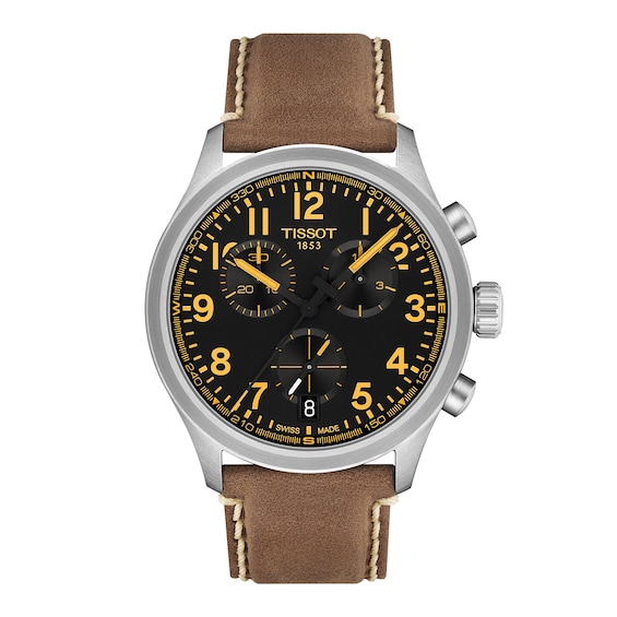 Men's Tissot Chrono L Stainless Steel Watch with Black Dial and Brown Leather Strap (Model: T1164171605201)