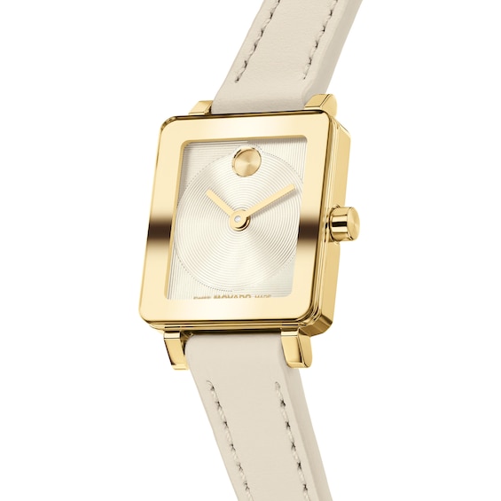 Ladies' Movado Bold® Evolution 2.0 Gold-Tone IP Stainless Steel Watch with Cream Leather Strap (Model: 3601381)