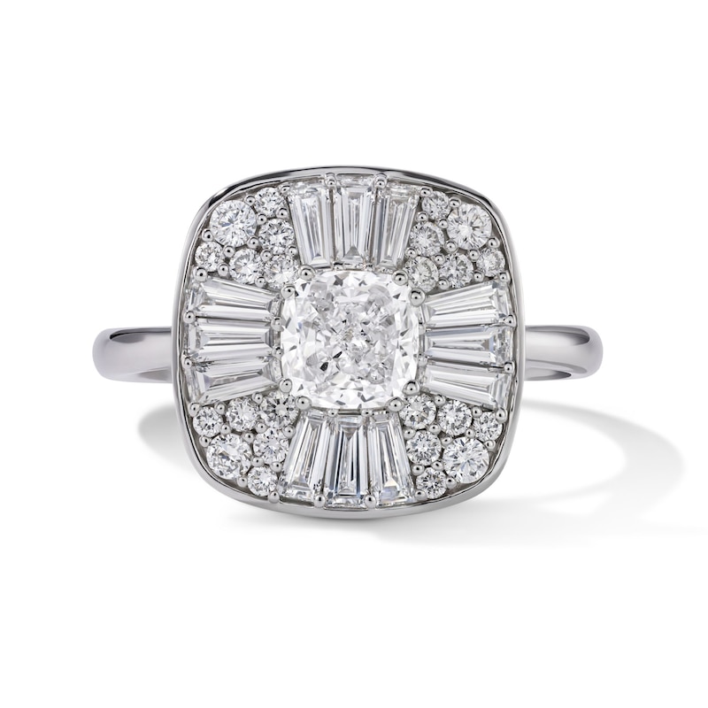 Main Image 1 of 1-1/2 CT. T.W. Cushion-Cut Certified Lab-Grown Diamond Frame Engagement Ring in 14K White Gold (F/VS2)