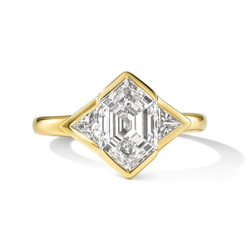 Main Image 1 of 2-3/8 CT. T.W. Certified Elongated Hexagon and Triangle-Cut Three-Stone Engagement Ring in 14K Gold (F/VS2)
