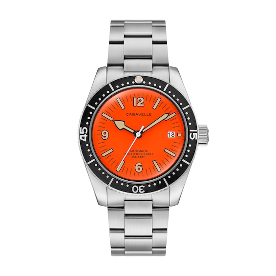 Men's Caravelle by Bulova Sea Hunter Stainless Steel Watch with Orange Dial (Model: 43B177)