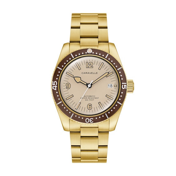 Men's Caravelle by Bulova Sea Hunter Gold-Tone IP Stainless Steel Watch with Beige Dial (Model: 44B133)