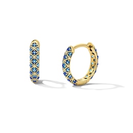 Blue Lab-Created Sapphire Domed Lattice Hoop Earrings in 10K Gold