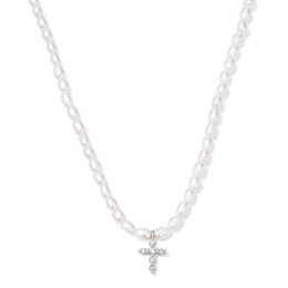 Baroque Cultured Pearl and 1/20 CT. T.W. Lab-Grown Diamond Cross Necklace in Sterling Silver (F/VS2) - 18"