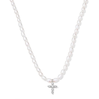 Baroque Cultured Pearl and 1/20 CT. T.W. Lab-Grown Diamond Cross Necklace in Sterling Silver (F/VS2) - 18"