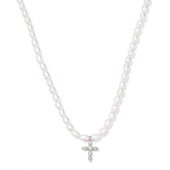 Baroque Cultured Pearl and 1/20 CT. T.w. Lab-Grown Diamond Cross Necklace in Sterling Silver (F/Vs2) - 18"