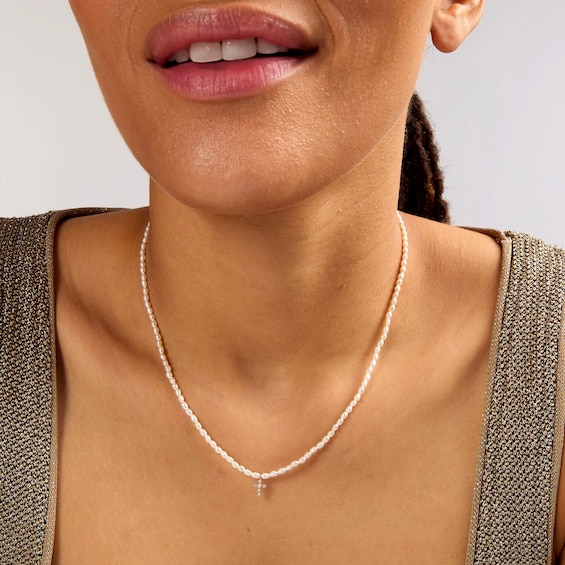 Baroque Cultured Pearl and 1/20 CT. T.w. Lab-Grown Diamond Cross Necklace in Sterling Silver (F/Vs2) - 18"