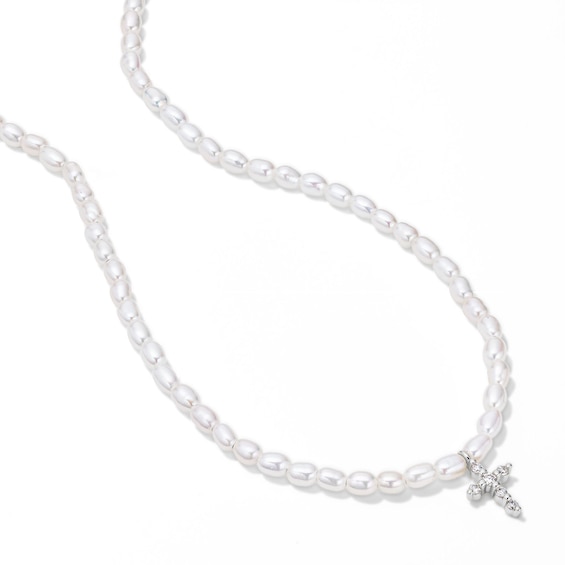 Baroque Cultured Pearl and 1/20 CT. T.w. Lab-Grown Diamond Cross Necklace in Sterling Silver (F/Vs2) - 18"