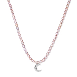 Baroque Pink Cultured Pearl and 1/20 CT. T.W. Lab-Grown Diamond Crescent Moon Necklace in Sterling Silver (F/VS2) - 18"