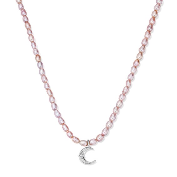 Baroque Pink Cultured Pearl and 1/20 CT. T.w. Lab-Grown Diamond Crescent Moon Necklace in Sterling Silver (F/Vs2) - 18"