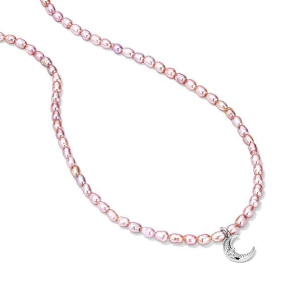 Baroque Pink Cultured Pearl and 1/20 CT. T.w. Lab-Grown Diamond Crescent Moon Necklace in Sterling Silver (F/Vs2) - 18"