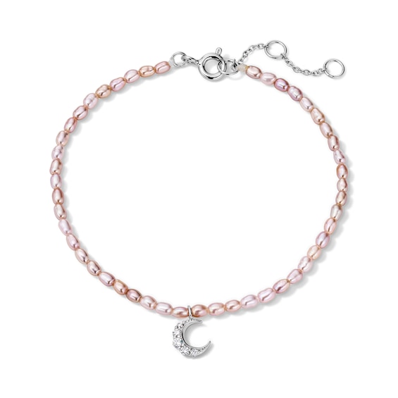 Baroque Pink Cultured Pearl and 1/20 CT. T.w. Lab-Grown Diamond Crescent Moon Bracelet in Sterling Silver (F/Vs2) - 7.0″