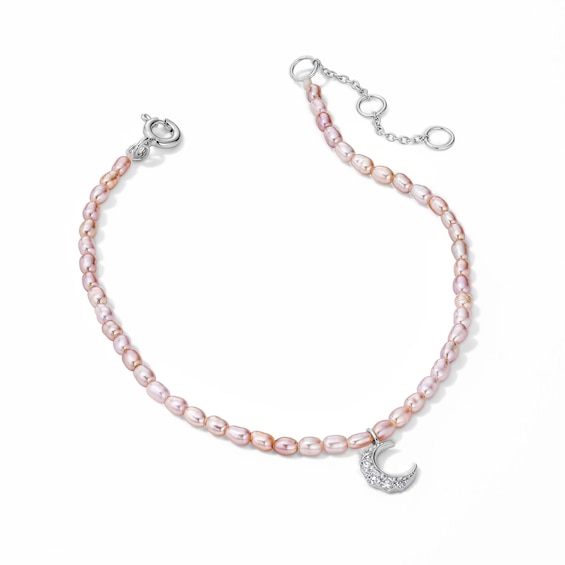 Baroque Pink Cultured Pearl and 1/20 CT. T.w. Lab-Grown Diamond Crescent Moon Bracelet in Sterling Silver (F/Vs2) - 7.0″