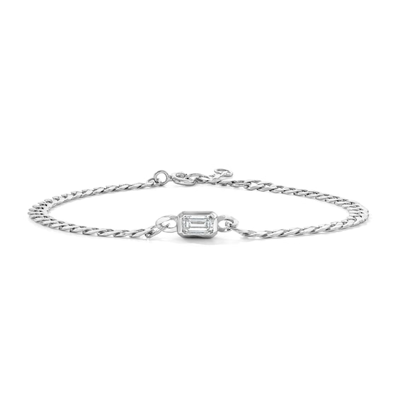 3.4mm Emerald-Cut Lab-Grown Diamond Bezel-Set Solitaire Bracelet in Sterling Silver (F/Vs2) - 7.0″