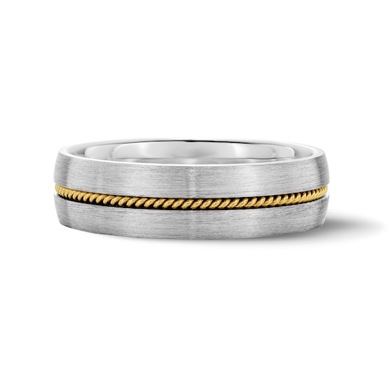 6.0mm Brushed Rope Detail Wedding Band in Sterling Silver and 10K Yellow Gold