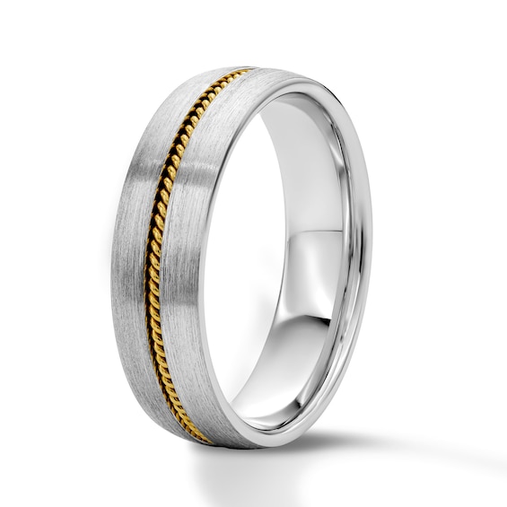 6.0mm Brushed Rope Detail Wedding Band in Sterling Silver and 10K Yellow Gold