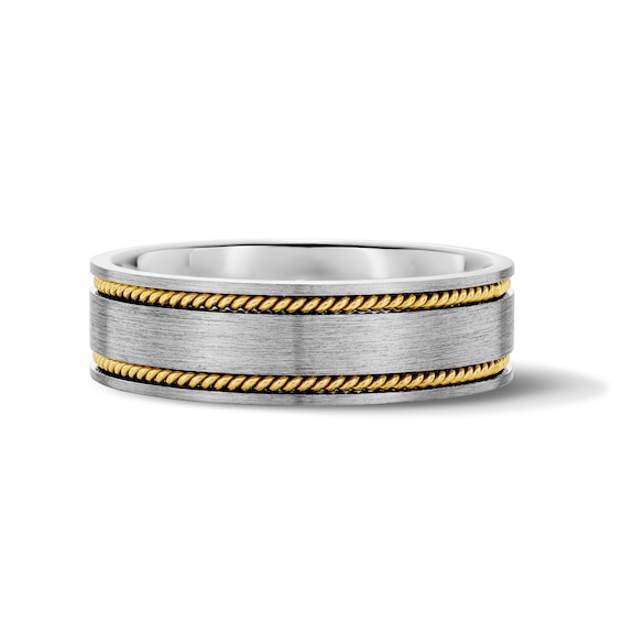 8.0mm Brushed Rope-Twist Wedding Band in Sterling Silver and 10K Gold