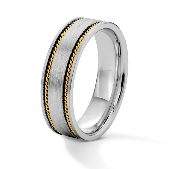 8.0mm Brushed Rope-Twist Wedding Band in Sterling Silver and 10K Gold