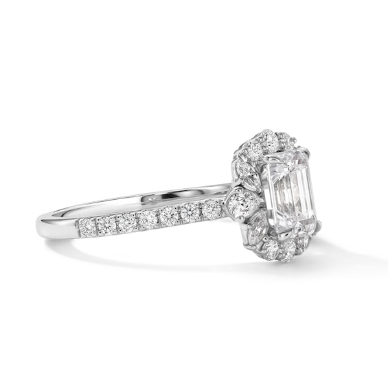 1-5/8 CT. T.w. Emerald-Cut Certified Lab-Grown Diamond Frame Engagement Ring in 14K White Gold (F/Vs2)