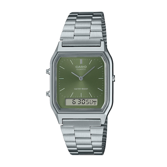 Casio Vintage Resin Watch with Green Dial and Stainless Steel Bracelet Model Aq230A3A