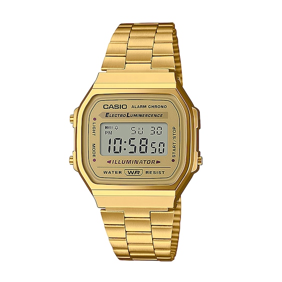 Men's Casio Vintage Resin Digital Watch with Gold-Tone Dial and Gold-Tone Stainless Steel Bracelet (Model: A168Wg-9Vt)