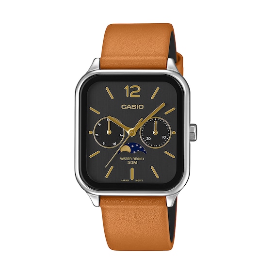 Men's Casio Stainless Steel Chronograph Moonphase Watch with Black Dial and Brown Leather Strap (Model: Mtpm305Lc-1Av)