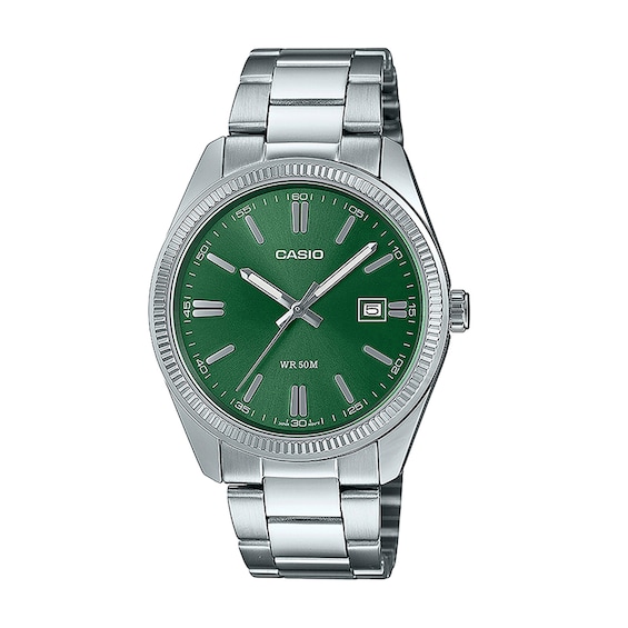 Men's Casio Stainless Steel Watch with Green Dial (Model: Mtp1302D-3Avt)