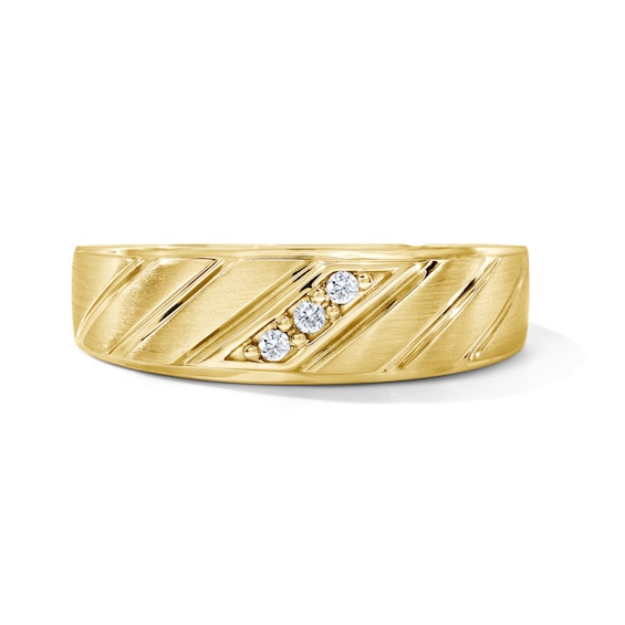 1/20 CT. T.w. Diamond Three-Stone Slant Groove Wedding Band in 10K Gold