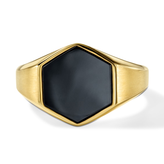 Hexagon-Cut Black Onyx Signet Ring in Sterling Silver with 14K Gold Plate