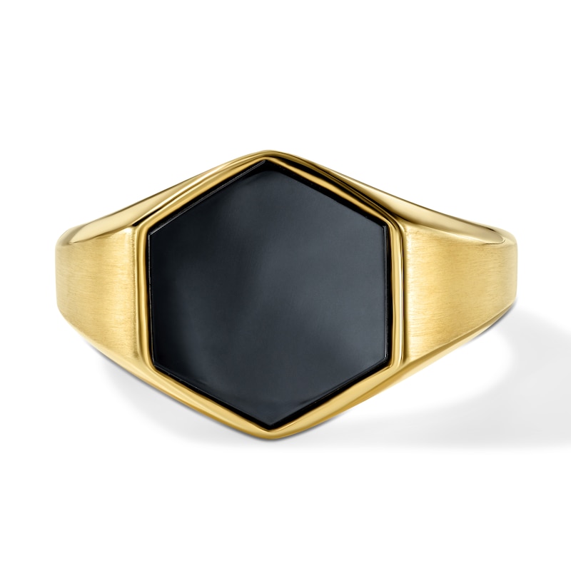 Main Image 1 of Hexagon-Cut Black Onyx Signet Ring in Sterling Silver with 14K Gold Plate