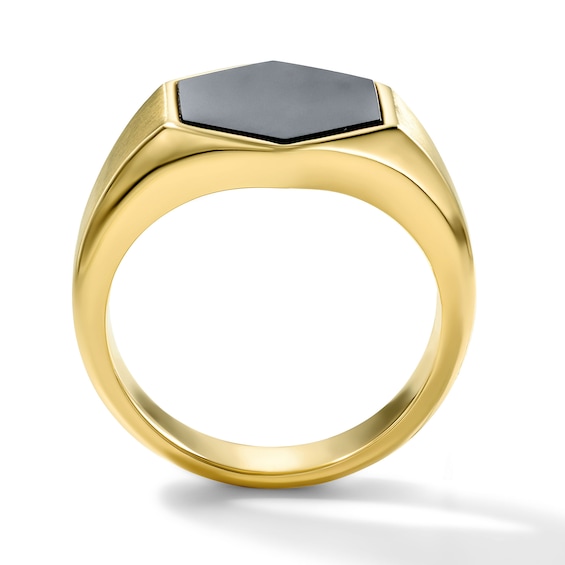 Hexagon-Cut Black Onyx Signet Ring in Sterling Silver with 14K Gold Plate