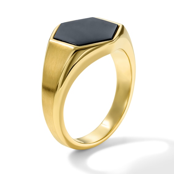 Hexagon-Cut Black Onyx Signet Ring in Sterling Silver with 14K Gold Plate