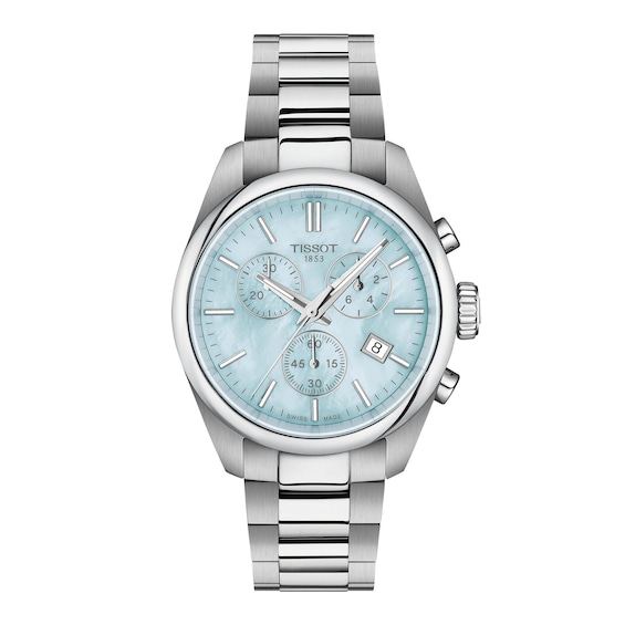 Ladies' Tissot Pr100 Stainless Steel Chronograph Watch with Blue Mother-of-Pearl Dial (Model: T1502171113100)