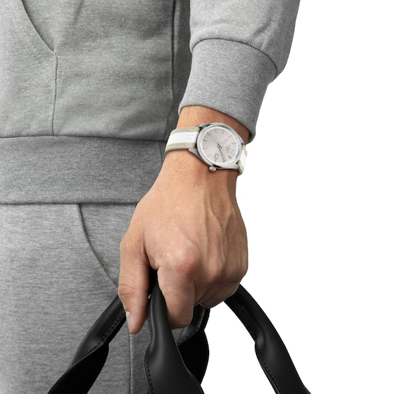 Men's Tissot Pr100 Cycling Edition Stainless Steel Watch with Gray Dial and Fabric Strap (Model: T1504101703700)