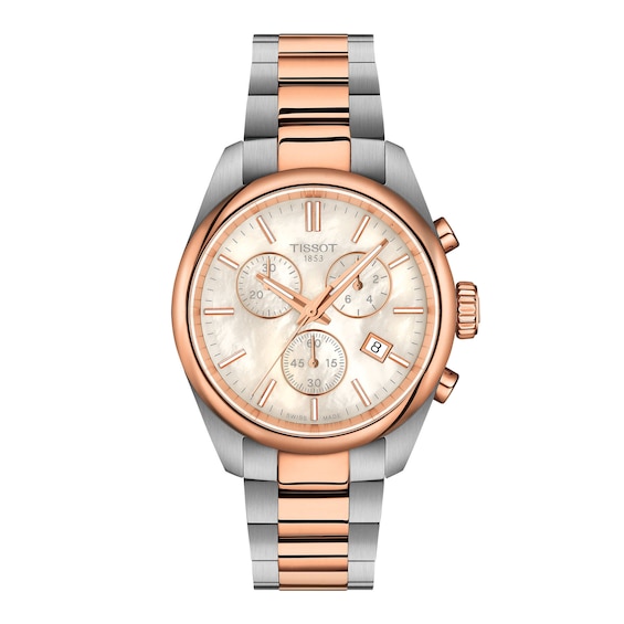 Ladies' Tissot PR 100 Two-Tone PVD Stainless Steel Chronograph Watch with Mother-of-Pearl Dial (Model: T1502172211100)