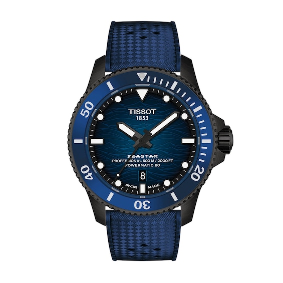 Men's Tissot Seastar 2000 Powermatic 80 Black PVD Stainless Steel Watch with Blue Dial (Model: T1209073704100)