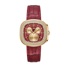 Men's JBW Coast 18K Gold-Plated Stainless Steel Chronograph Watch with Red Dial and Red Leather Strap (Model: J6415C)