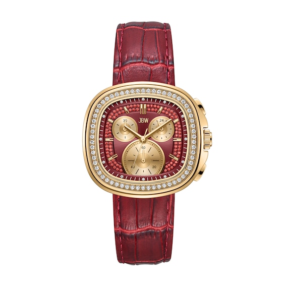 Men's JBW Coast 18K Gold-Plated Stainless Steel Chronograph Watch with Red Dial and Red Leather Strap (Model: J6415C)