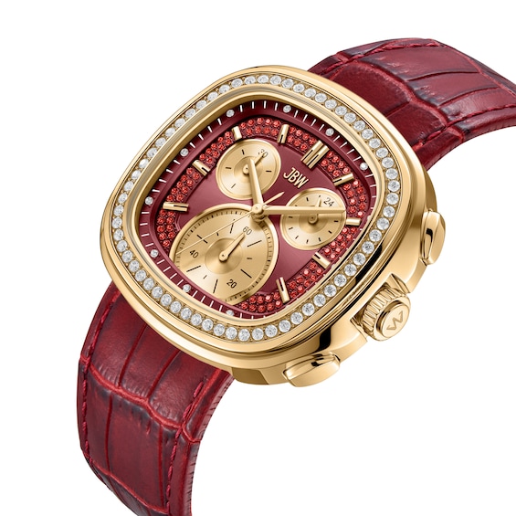 Men's JBW Coast 18K Gold-Plated Stainless Steel Chronograph Watch with Red Dial and Red Leather Strap (Model: J6415C)