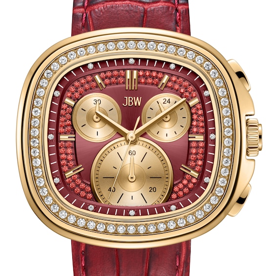 Men's JBW Coast 18K Gold-Plated Stainless Steel Chronograph Watch with Red Dial and Red Leather Strap (Model: J6415C)