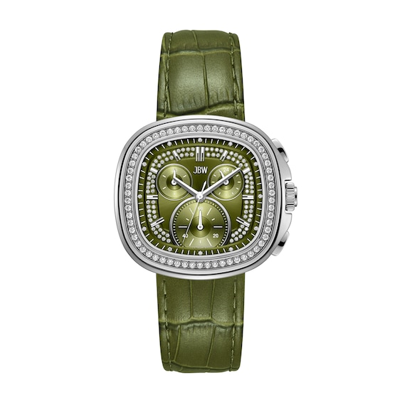 Men's JBW Coast Stainless Steel Chronograph Watch with Green Dial and Green Leather Strap (Model: J6415D)