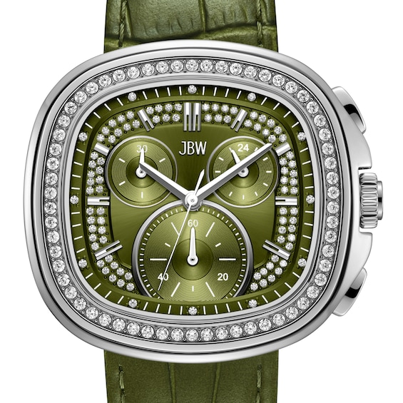 Men's JBW Coast Stainless Steel Chronograph Watch with Green Dial and Green Leather Strap (Model: J6415D)