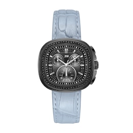 Men's JBW Coast Black IP Stainless Steel Chronograph Watch with Black Dial and Light Blue Leather Strap (Model: J6415E)