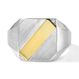 Lab-Grown Diamond Accent Diagonal Stripe Signet Ring in Sterling Silver with 14K Gold Plate