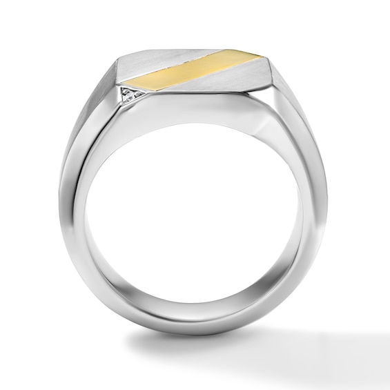 Lab-Grown Diamond Accent Diagonal Stripe Signet Ring in Sterling Silver with 14K Gold Plate